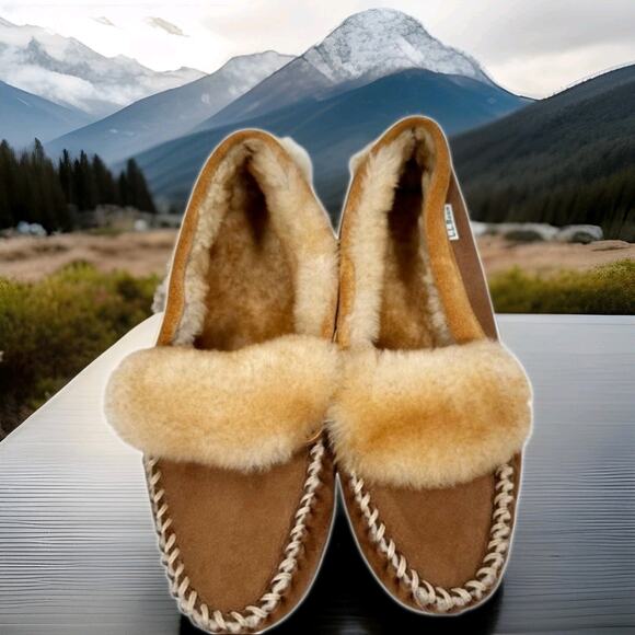 LL Bean Wicked Good Slippers Fold Over Moccasins Mens Size 10M Shearling Suede - Picture 4 of 8